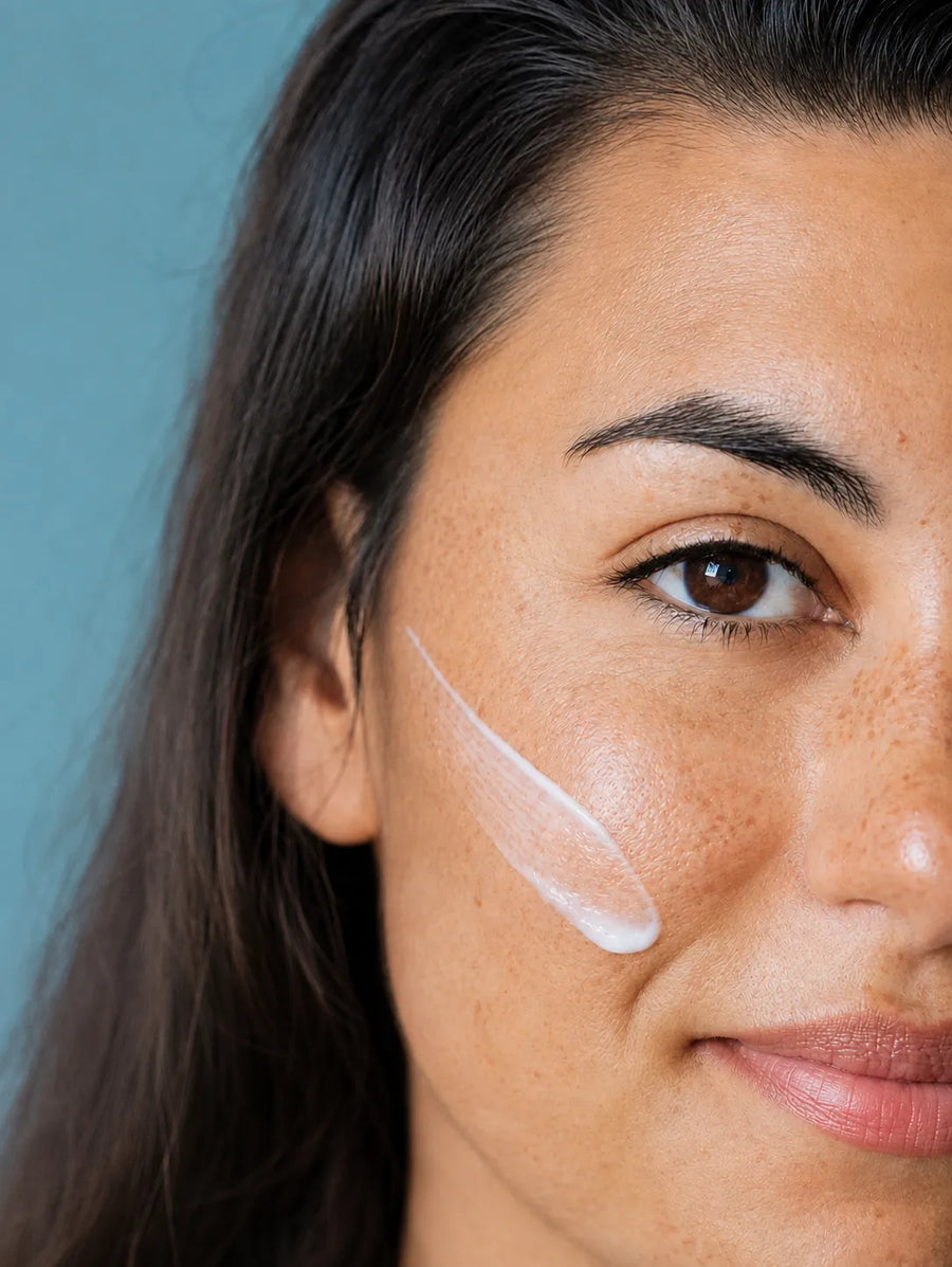 Gros plan d’un visage avec une touche de crème VICRIAN PARIS