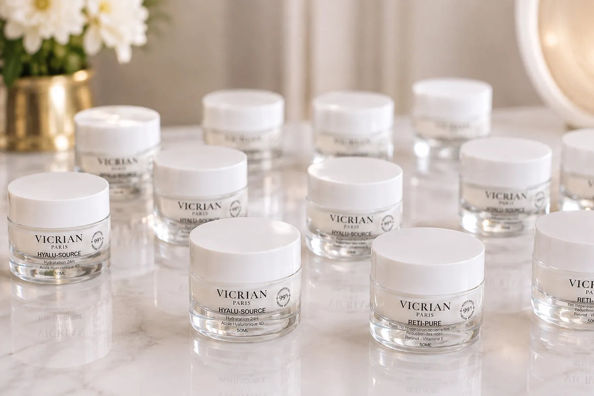 La gamme VICRIAN PARIS réunie sur un plateau de marbre