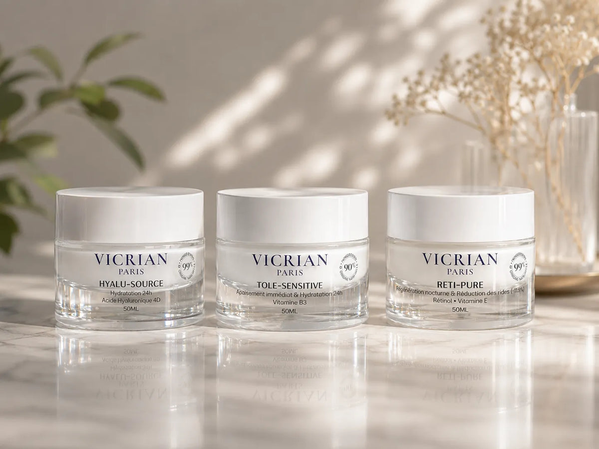 Les trois soins VICRIAN PARIS posés sur du marbre